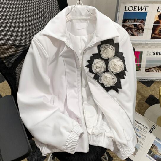 アメカジ メンズ白色花柄刺繍ジャケット薔薇装飾ブルゾン