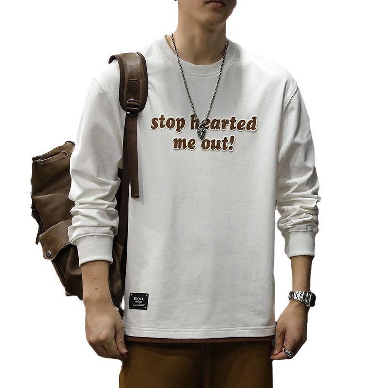 アメカジ メッセージ刺繍クルーネック長袖Tシャツ