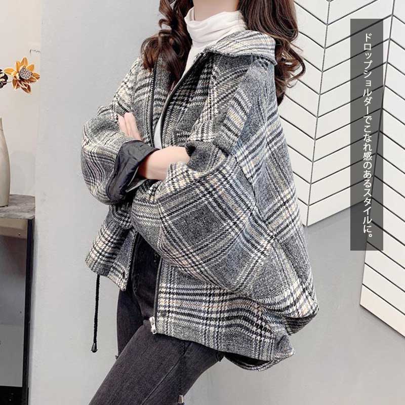 アメカジ レディース チェック柄ショートコート アウター ゆったり上着
