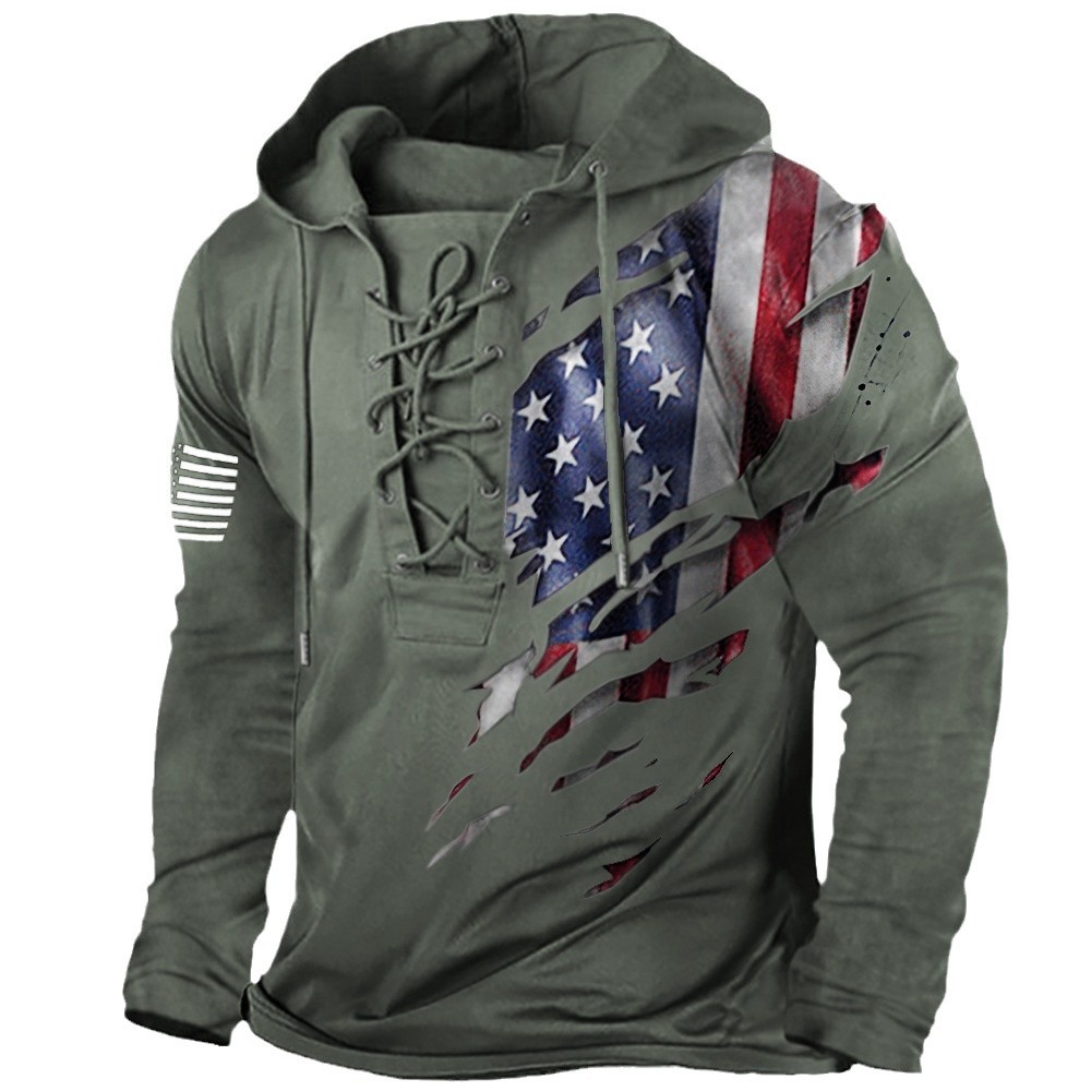 アメカジ 星条旗デザイン編み上げパーカートレーナー