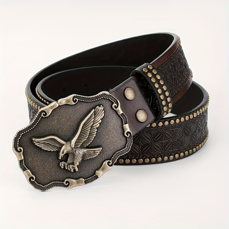 アメカジ 鷲モチーフ立体彫刻バックル装飾革ベルト