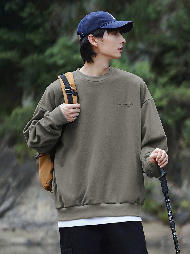 アメカジ ドイツ文字プリント裏毛クルーネックトレーナー