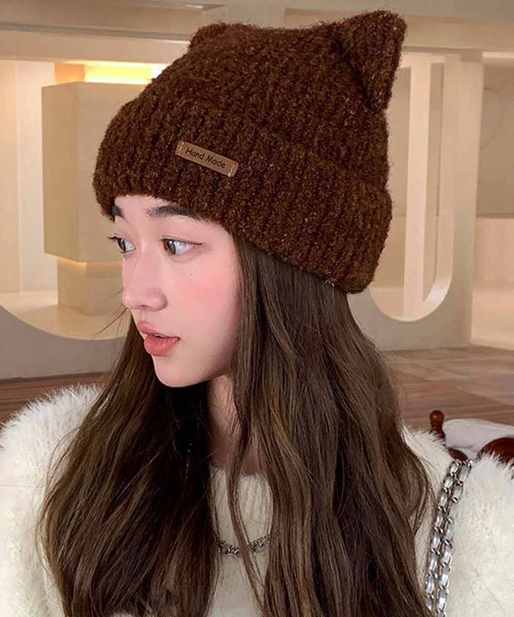 アメカジ 猫耳ニット帽子 リブ編み キャップ レディース