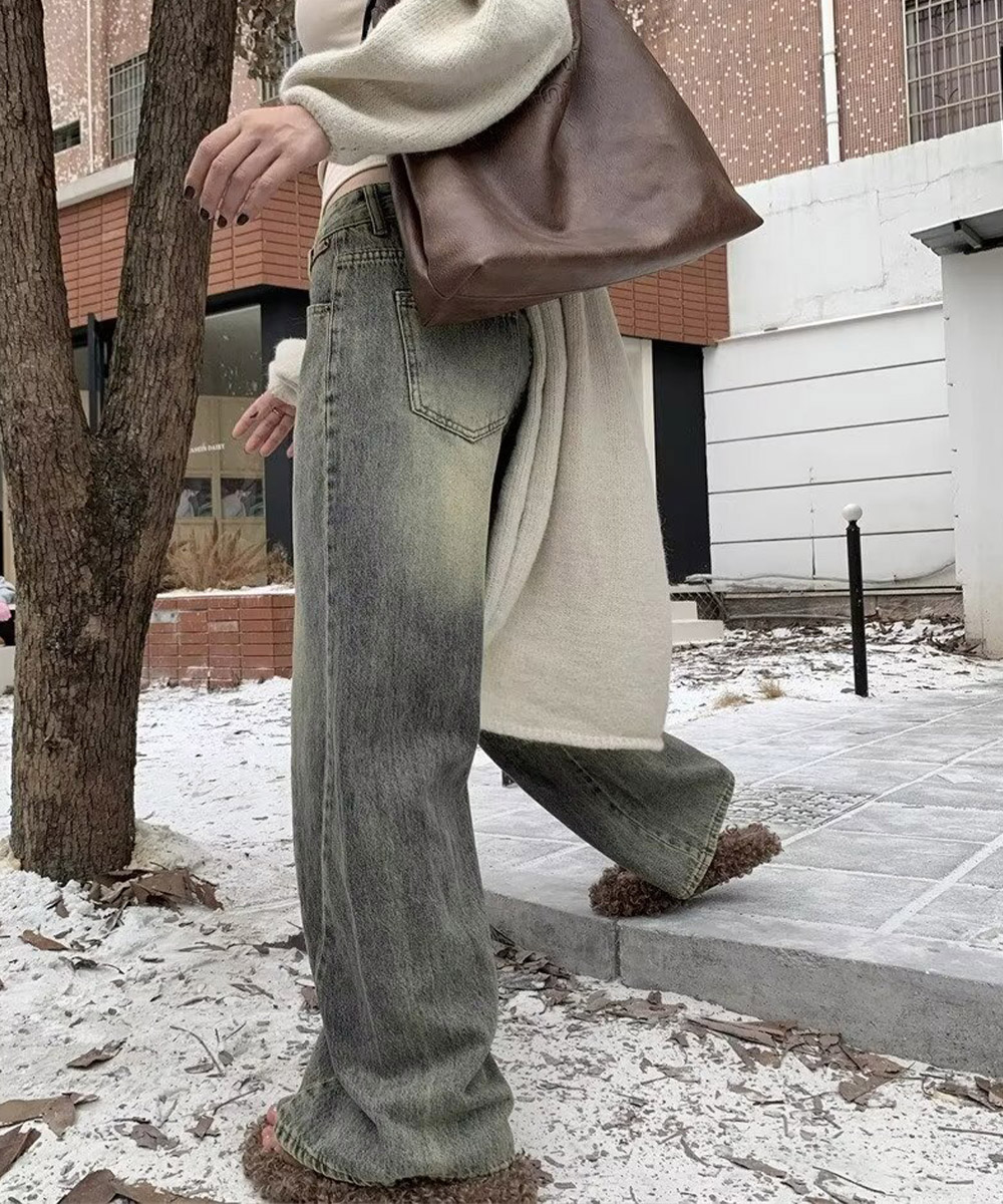 アメカジ ヴィンテージ風ワイドデニムパンツ美脚