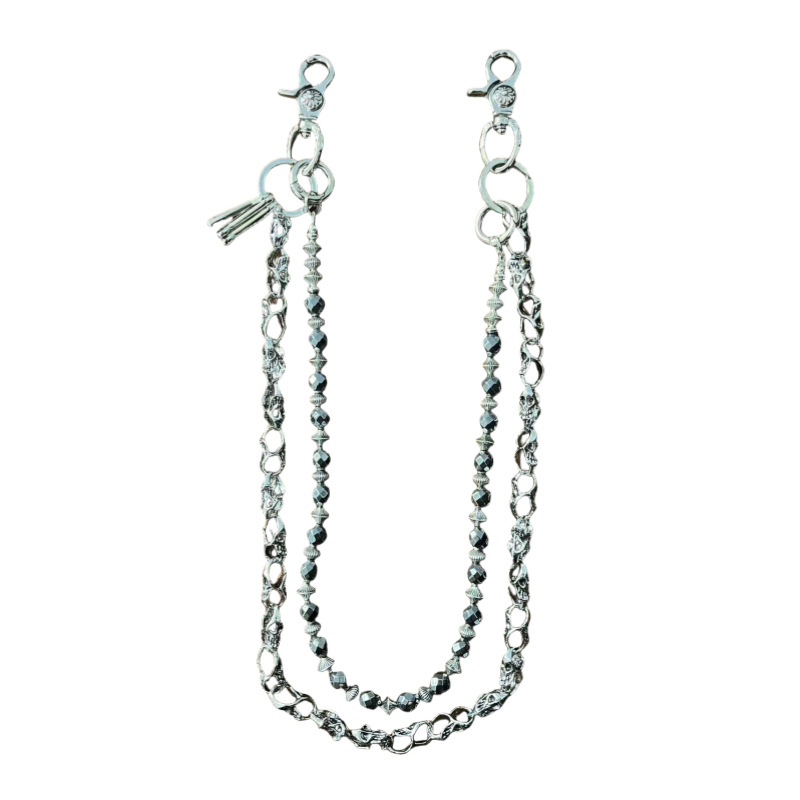 アメカジ 髑髏装飾二連鎖ビーズ組合せ財布鎖