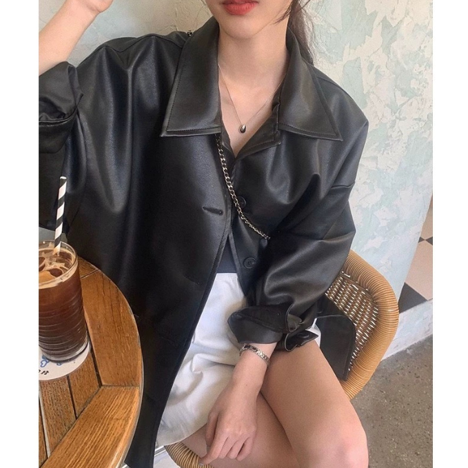 アメカジ 女性用 本革調ライダース風ジャケット ゆったり黒