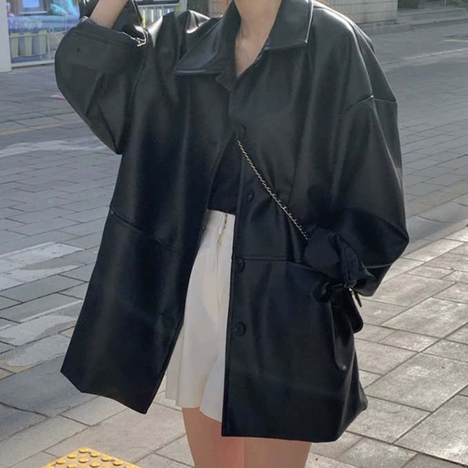 アメカジ 女性用 本革調ライダース風ジャケット ゆったり黒