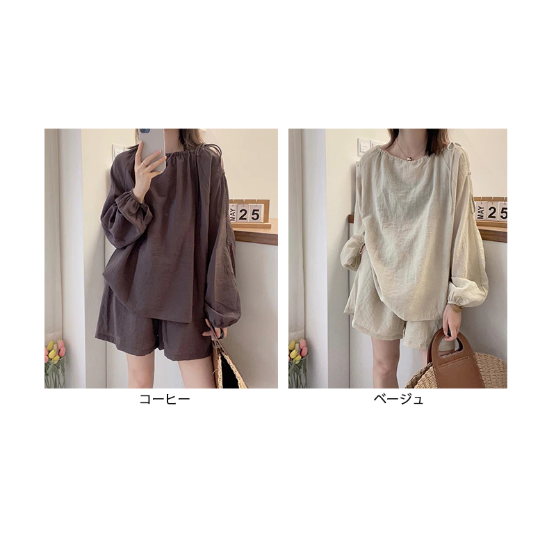 アメカジ レディース 肩開きロンティー セットアップ ショートパンツ付き