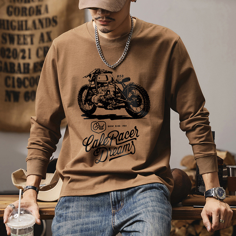 アメカジ ヴィンテージバイクプリント長袖丸首シャツ