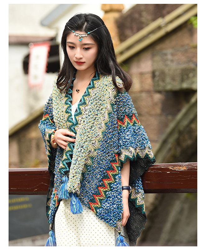 アメカジ レディース民族風ニットベスト大判ショール温かポンチョ