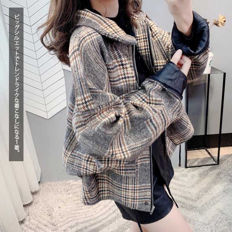 アメカジ レディース チェック柄ショートコート アウター ゆったり上着