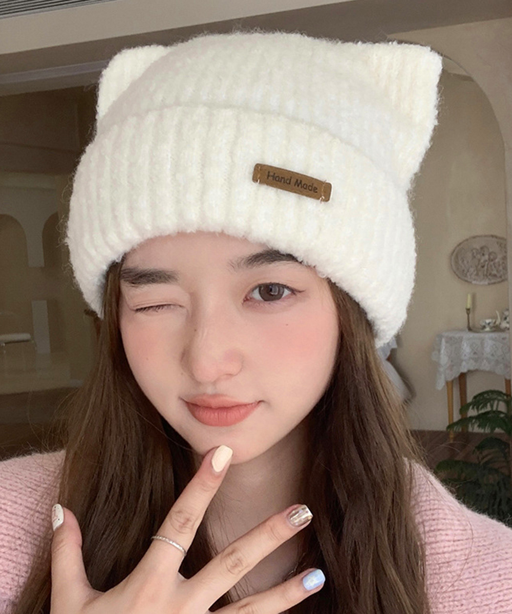 アメカジ 猫耳ニット帽子 リブ編み キャップ レディース