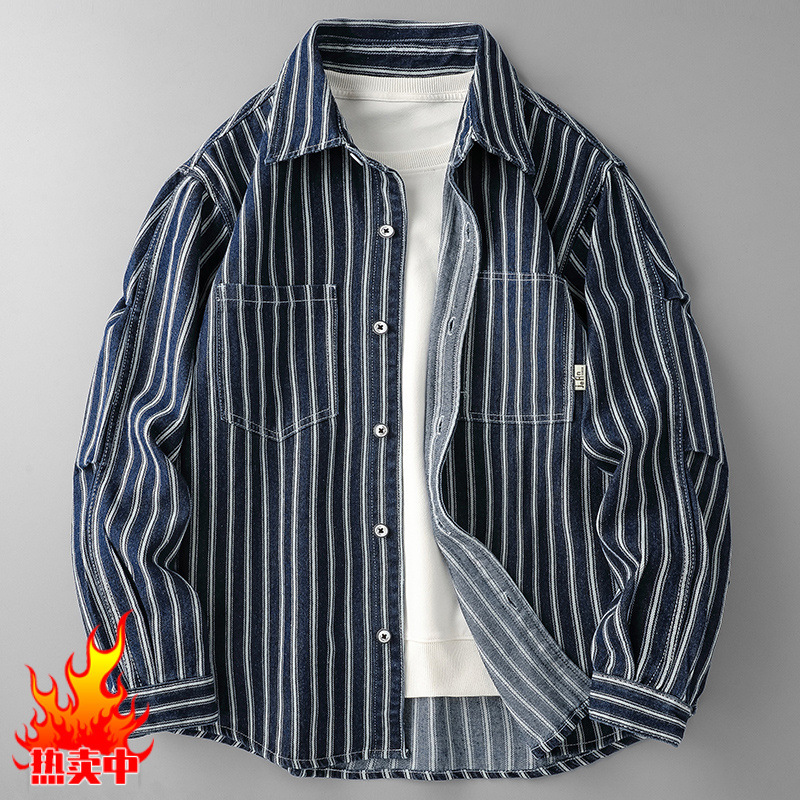 アメカジ ヴィンテージ風縦縞柄長袖ワークシャツ