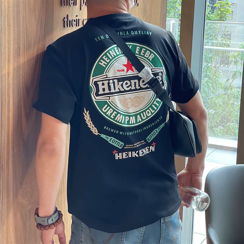 アメカジファッション  ビール風ロゴプリント半袖Tシャツ