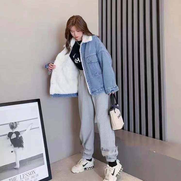 アメカジ 裏ボアデニムジャケット ゆったり襟付き防寒アウター