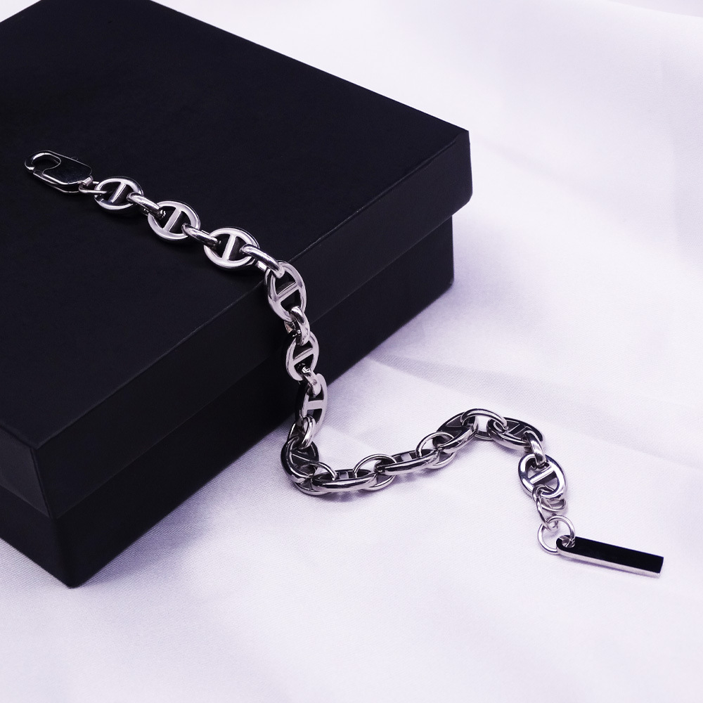 アメカジ 太めチェーン幾何学模様メタルブレスレット