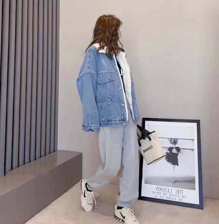 アメカジ 裏ボアデニムジャケット ゆったり襟付き防寒アウター