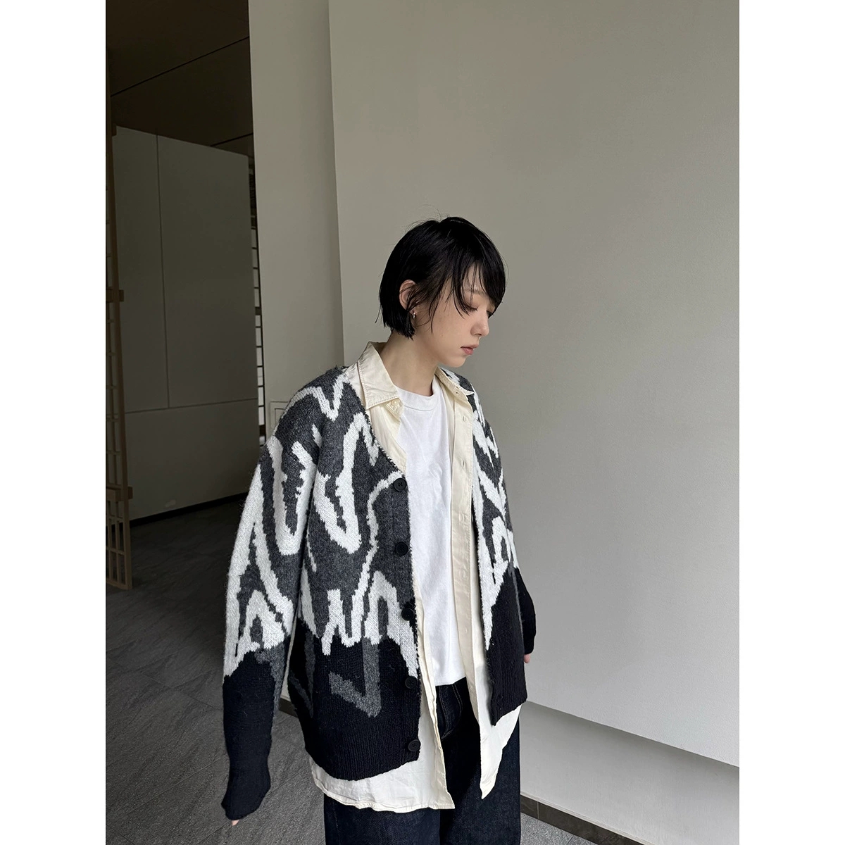 アメカジ 炎柄ニットカーディガン 男女兼用アウター
