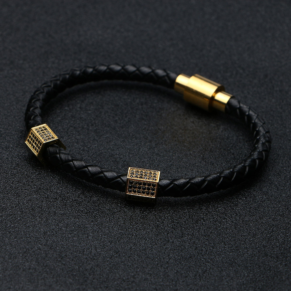 アメカジ 編み込みレザー石飾り留め具付きブレスレット