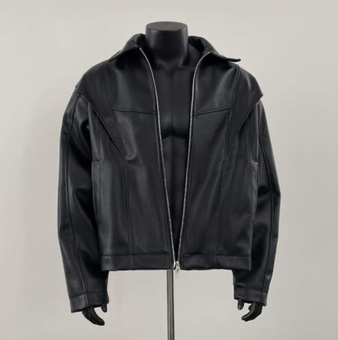 アメカジ メンズ フェイクレザージャケット 黒 フード付き アウター