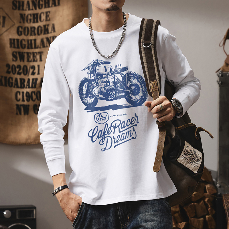 アメカジ ヴィンテージバイクプリント長袖丸首シャツ