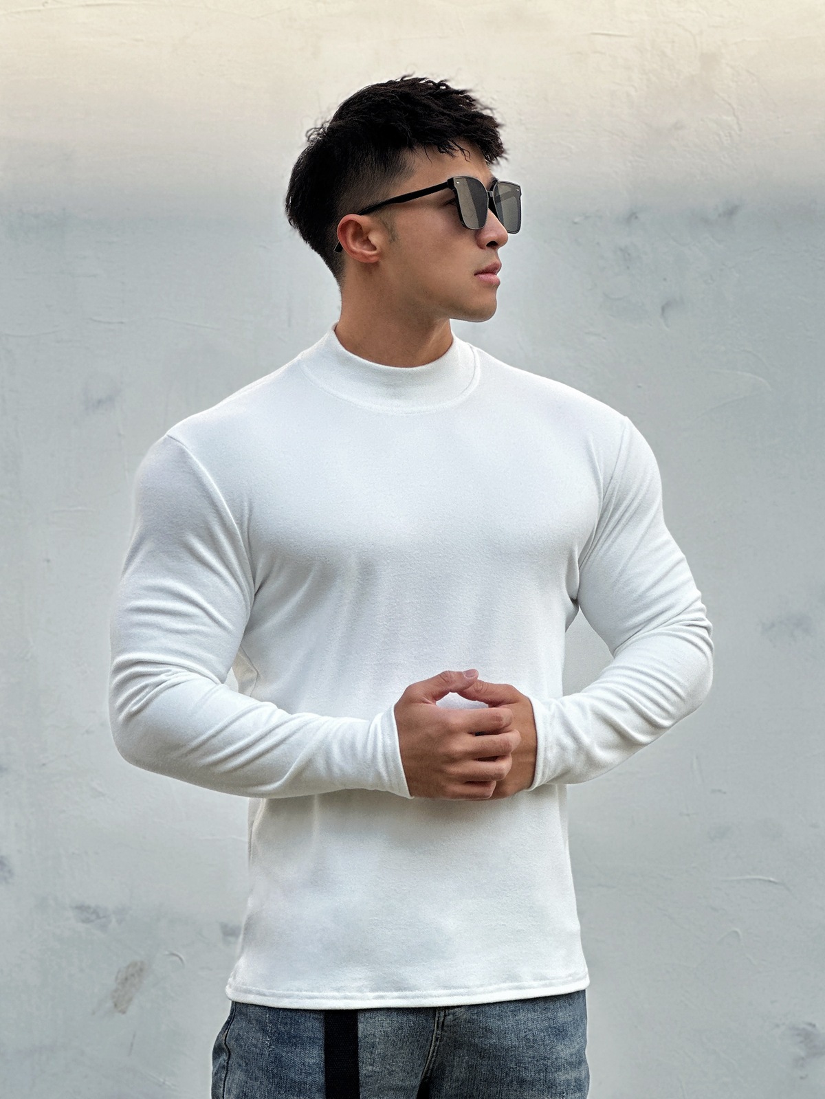 アメカジ モックネック無地長袖シャツ