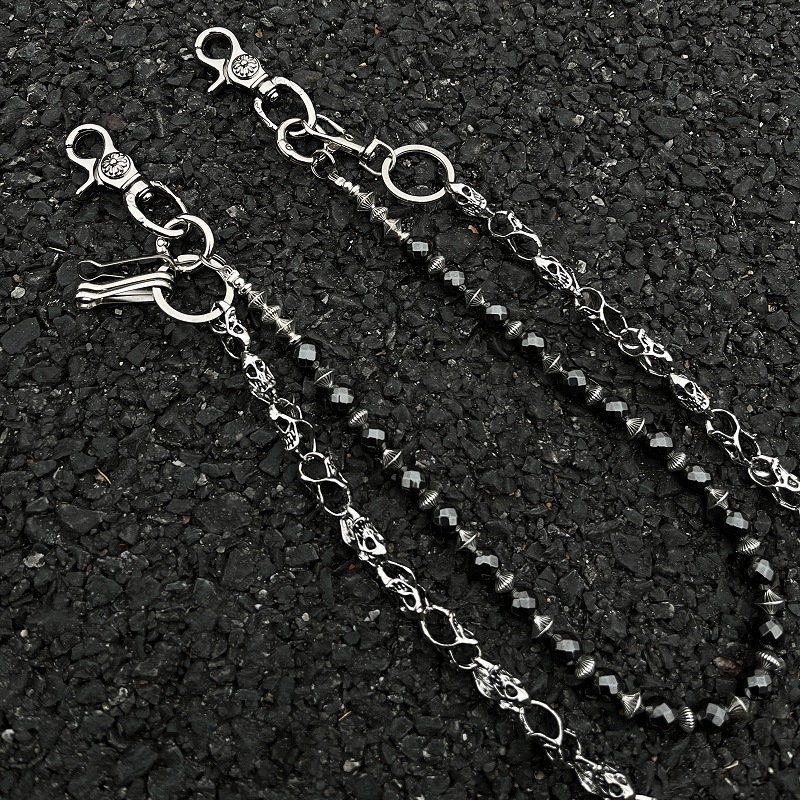 アメカジ 髑髏装飾二連鎖ビーズ組合せ財布鎖