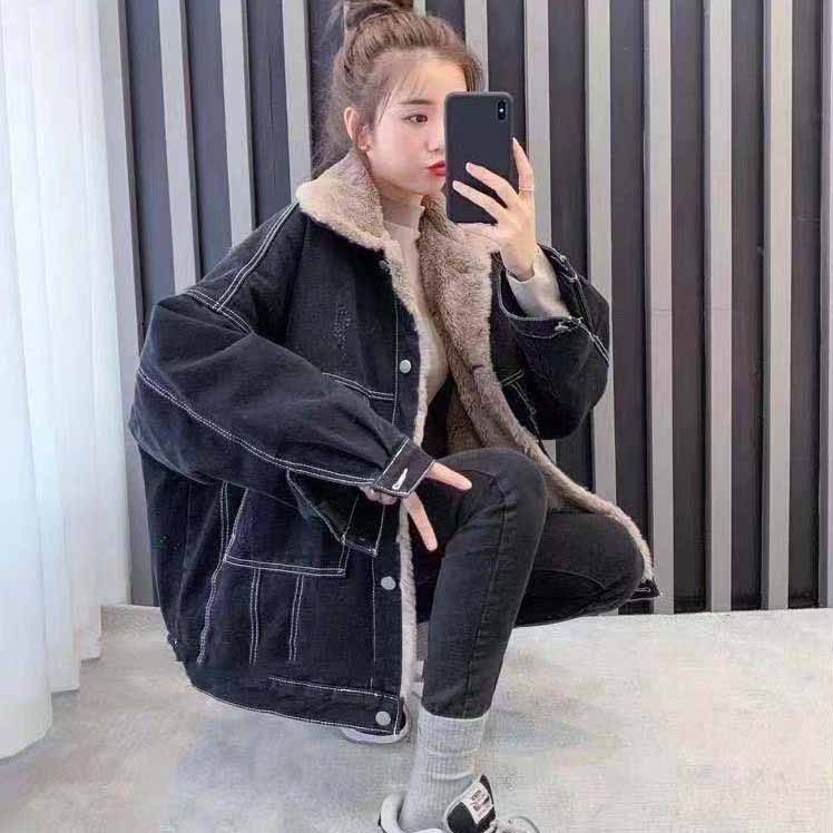 アメカジ 裏ボアデニムジャケット ゆったり襟付き防寒アウター