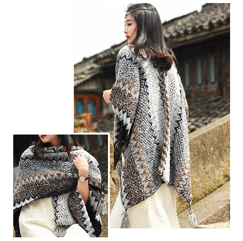 アメカジ レディース民族風ニットベスト大判ショール温かポンチョ