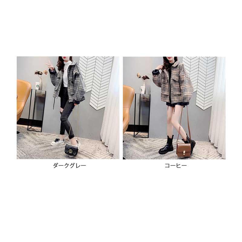 アメカジ レディース チェック柄ショートコート アウター ゆったり上着