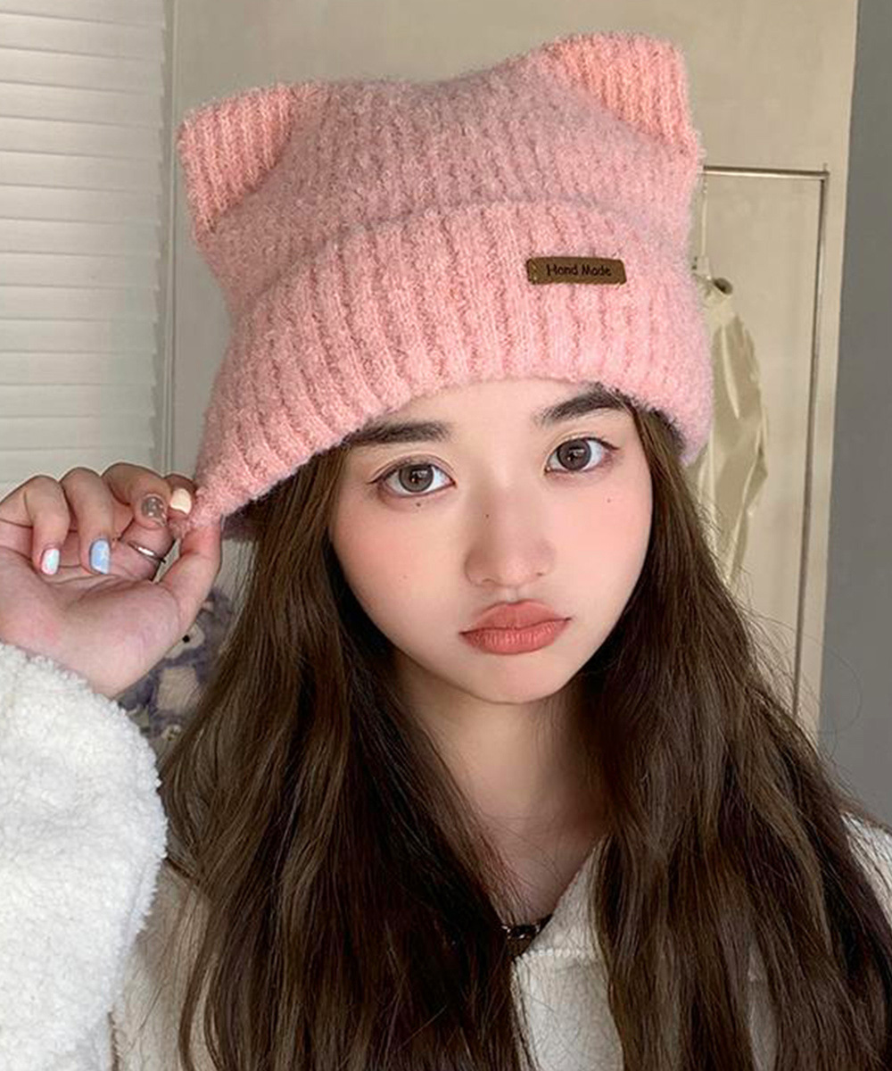 アメカジ 猫耳ニット帽子 リブ編み キャップ レディース