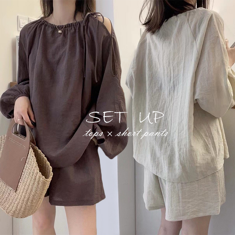 アメカジ レディース 肩開きロンティー セットアップ ショートパンツ付き