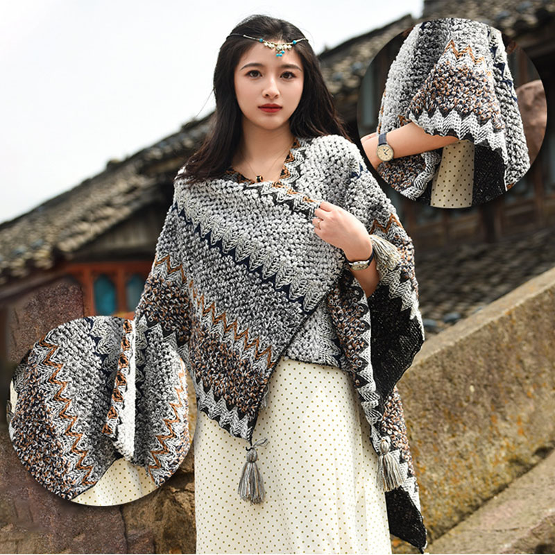 アメカジ レディース民族風ニットベスト大判ショール温かポンチョ