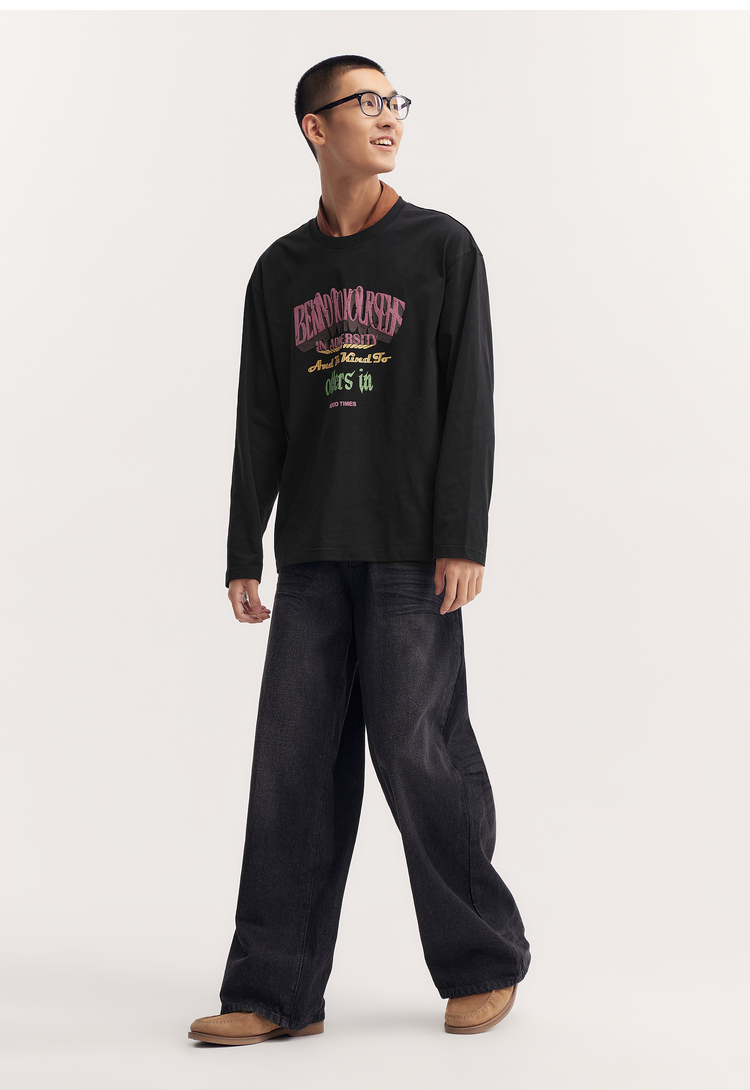 アメカジ レトロ文字デザイン長袖Tシャツ