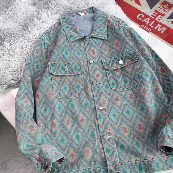 アメカジ 男性用幾何学模様長袖デニムジャケット