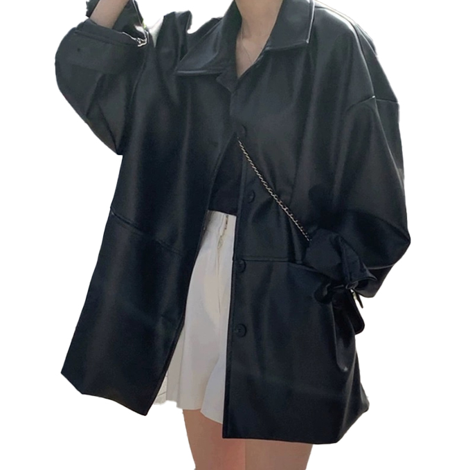 アメカジ 女性用 本革調ライダース風ジャケット ゆったり黒