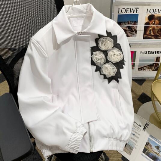 アメカジ メンズ白色花柄刺繍ジャケット薔薇装飾ブルゾン