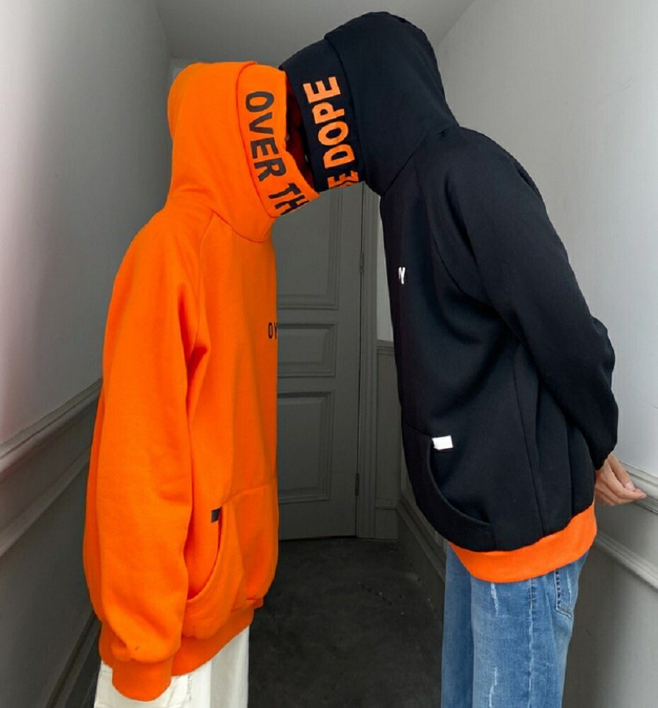 アメカジ スウェット ビッグフード プルオーバー 黒 オレンジ