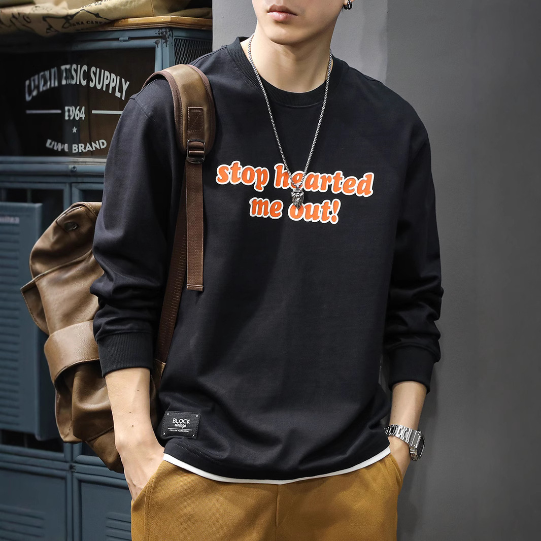 アメカジ メッセージ刺繍クルーネック長袖Tシャツ