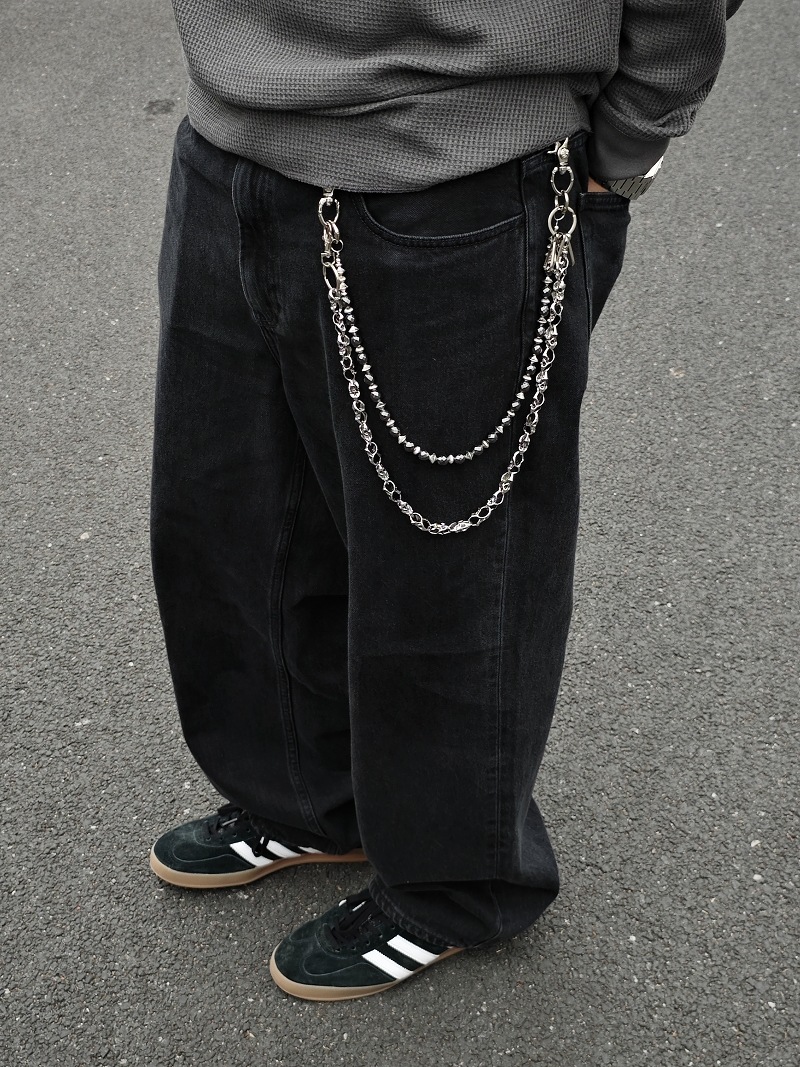 アメカジ 髑髏装飾二連鎖ビーズ組合せ財布鎖