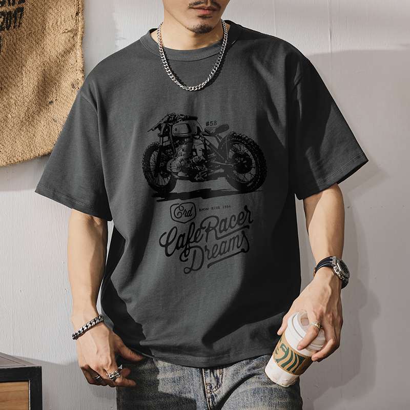 アメカジファッション  カフェレーサーバイク プリント Tシャツ