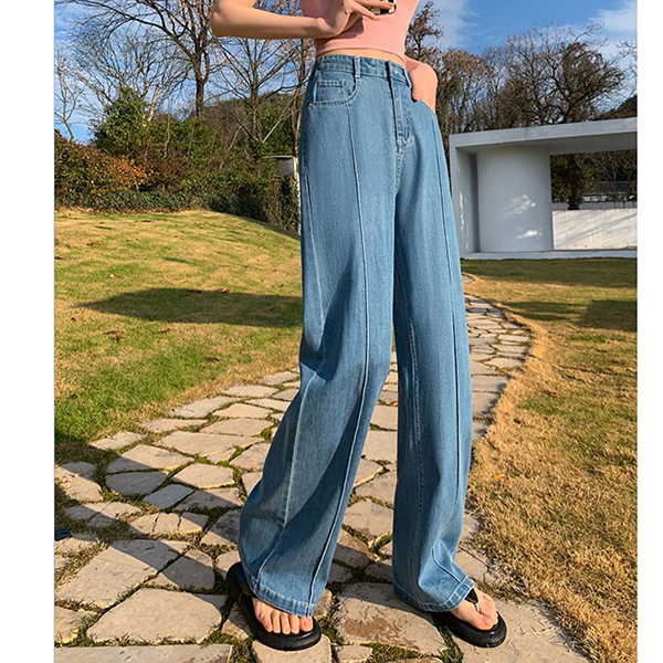 アメカジ 冷感デニム レディース センタープレス ハイウエスト ワイドパンツ