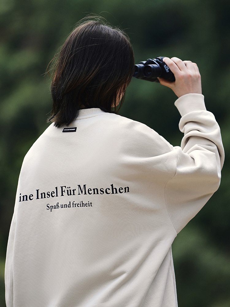 アメカジ ドイツ文字プリント裏毛クルーネックトレーナー