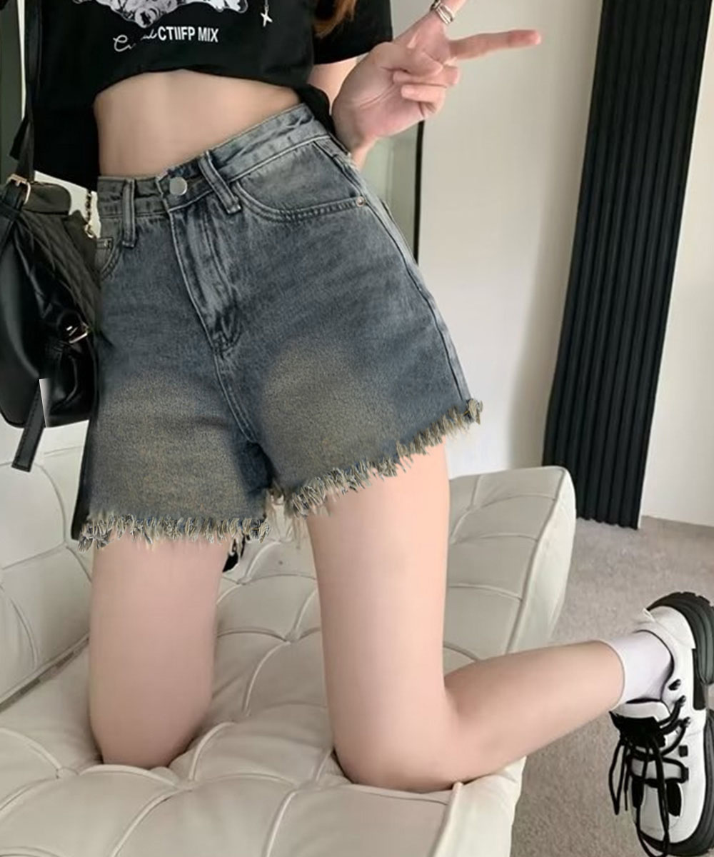 アメカジ ヴィンテージ風裾フリンジデニムショートパンツ