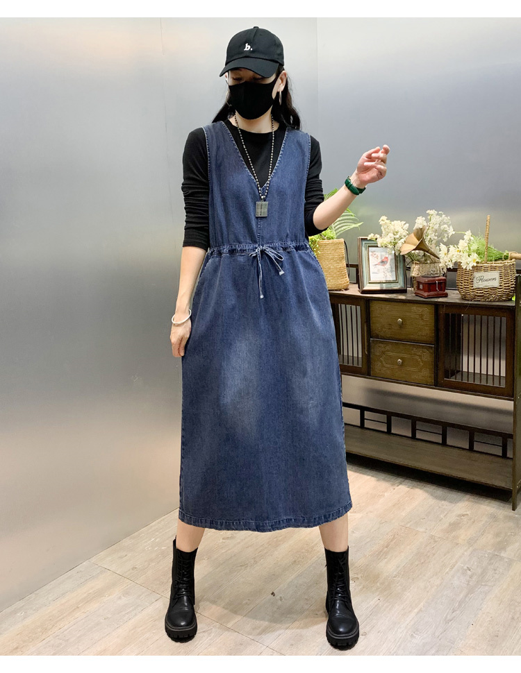 アメカジ デニムワンピース ゆったり ウエストマーク ロング丈