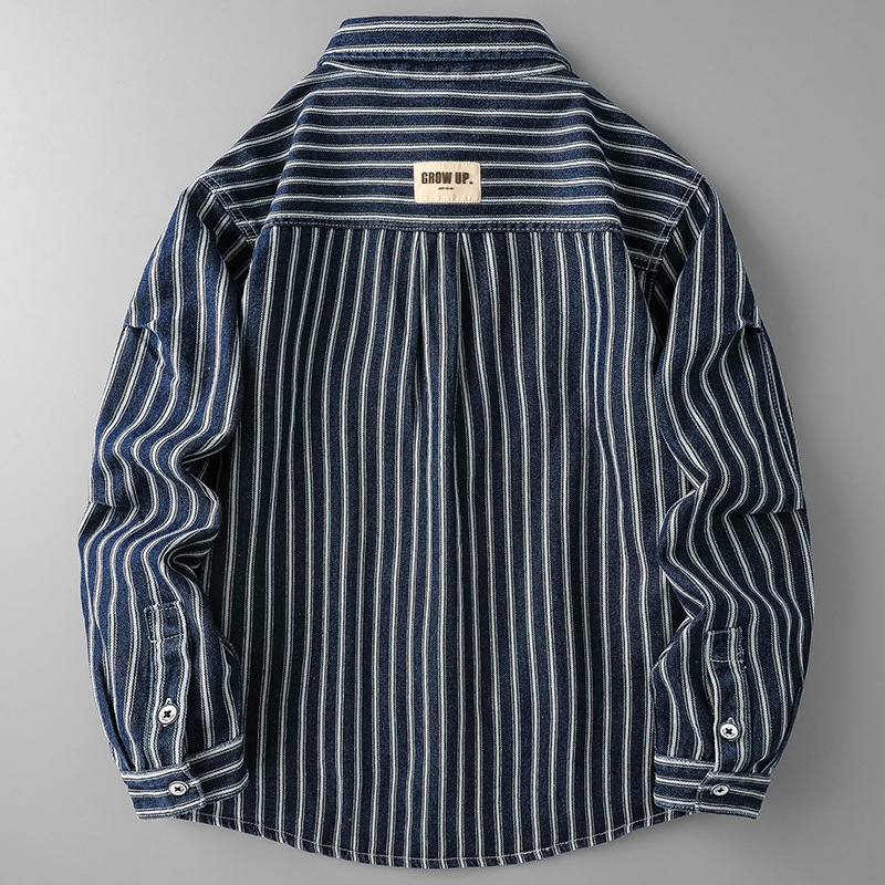 アメカジ ヴィンテージ風縦縞柄長袖ワークシャツ