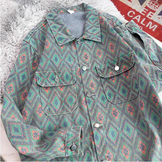 アメカジ 男性用幾何学模様長袖デニムジャケット