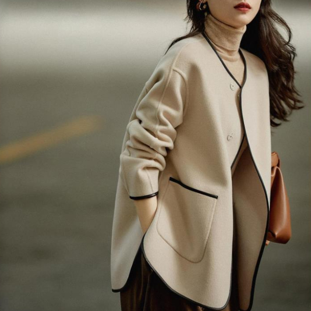 アメカジ レディース ノーカラージャケット 上品パイピング通勤コート