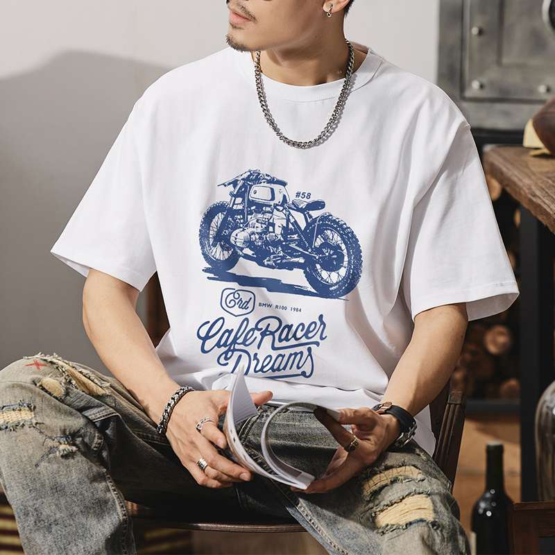 アメカジ カフェレーサーバイク プリント Tシャツ