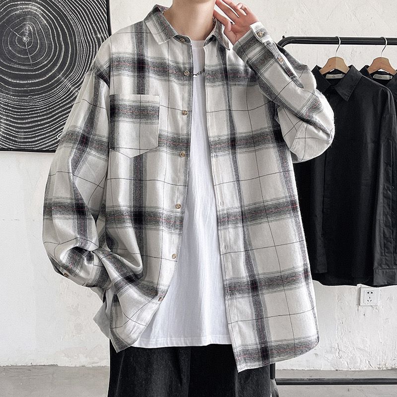 アメカジ ゆったりシルエット格子柄長袖シャツ